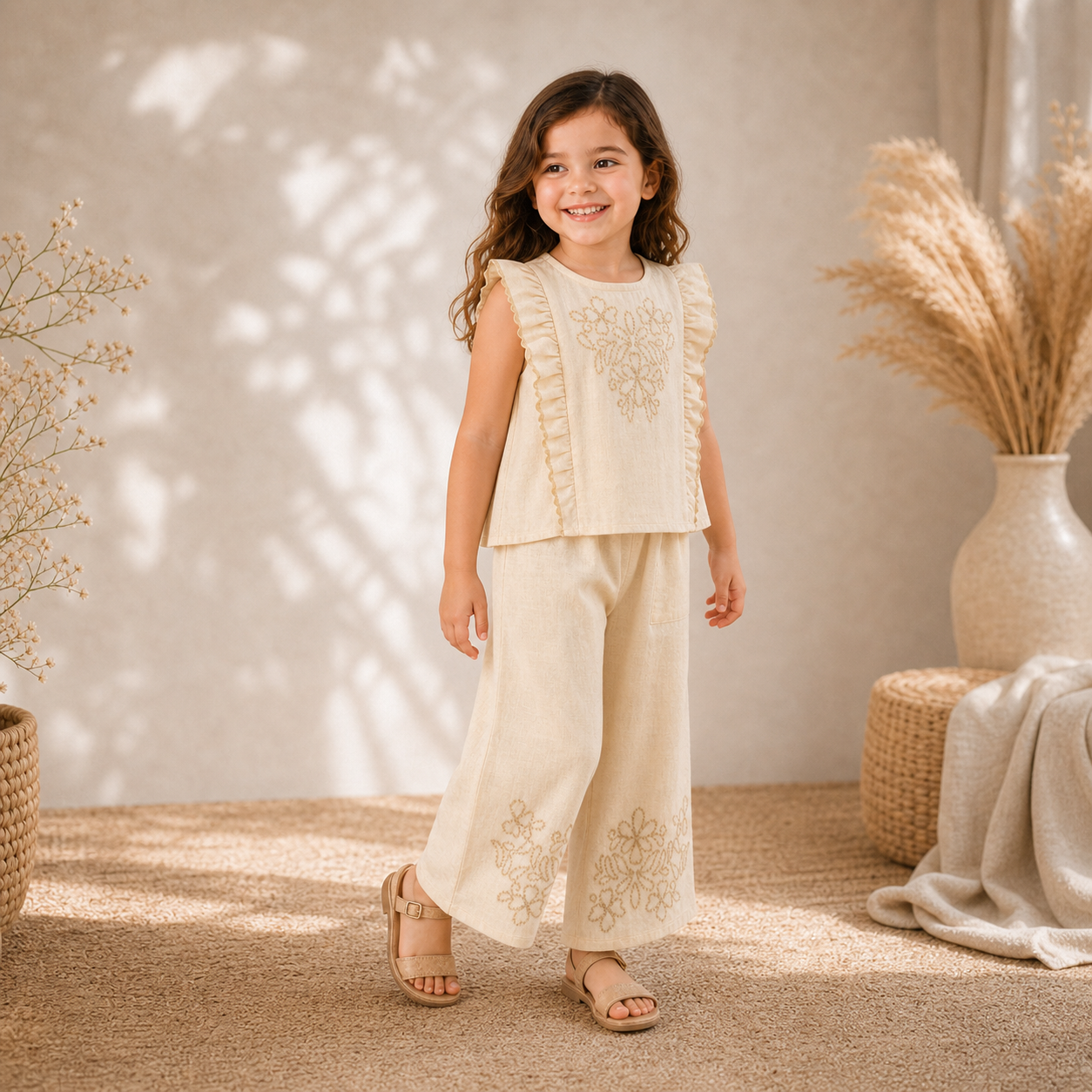 Ensemble Bohème en Lin – Top à Volants &amp; Pantalon Large Brodé
