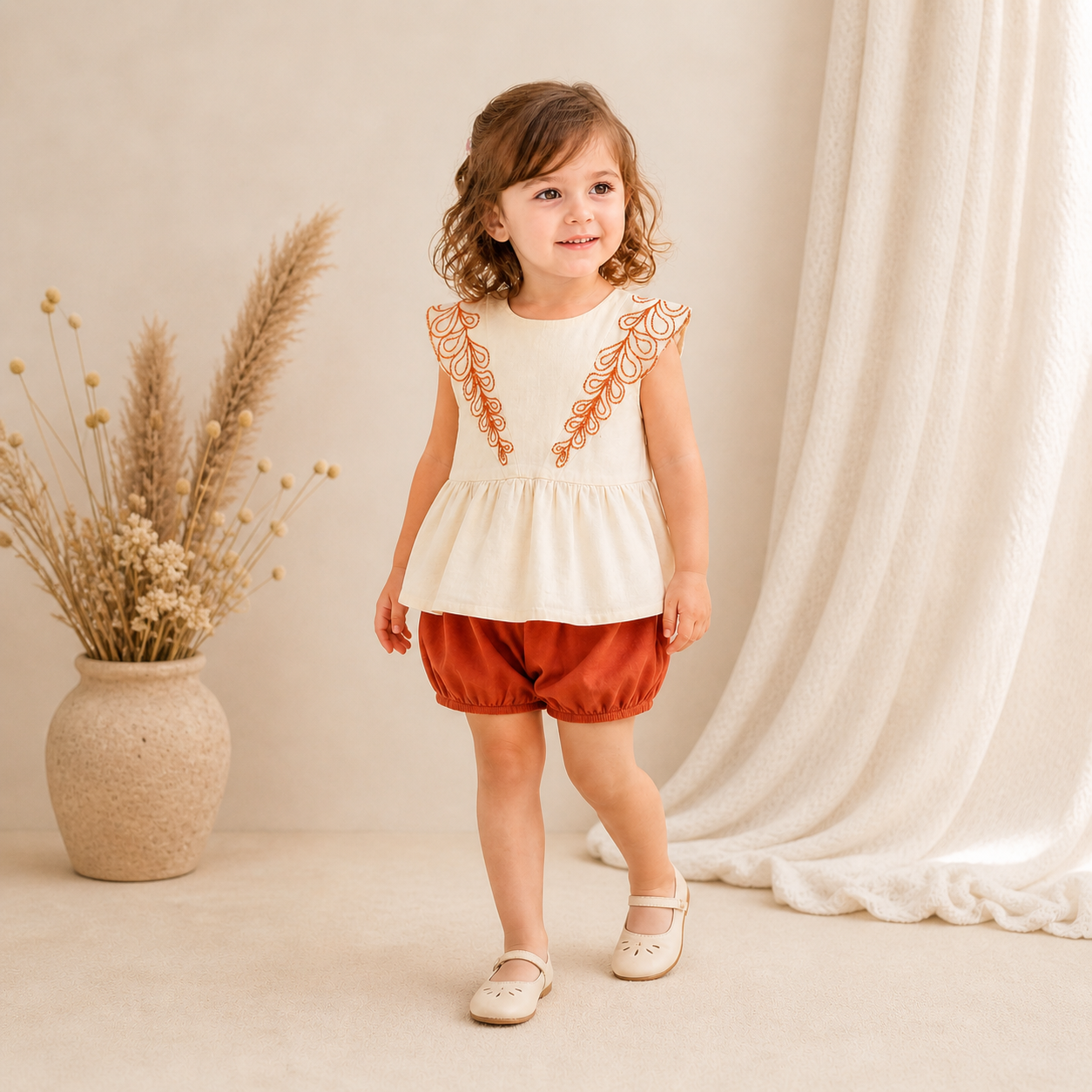 Ensemble Duo Bohème – Top à Broderies & Bloomers Terracotta