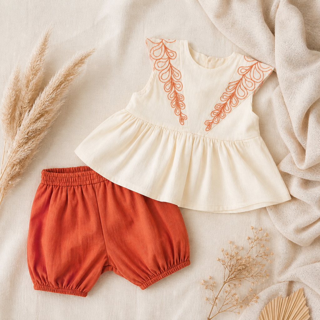 Ensemble Duo Bohème – Top à Broderies & Bloomers Terracotta