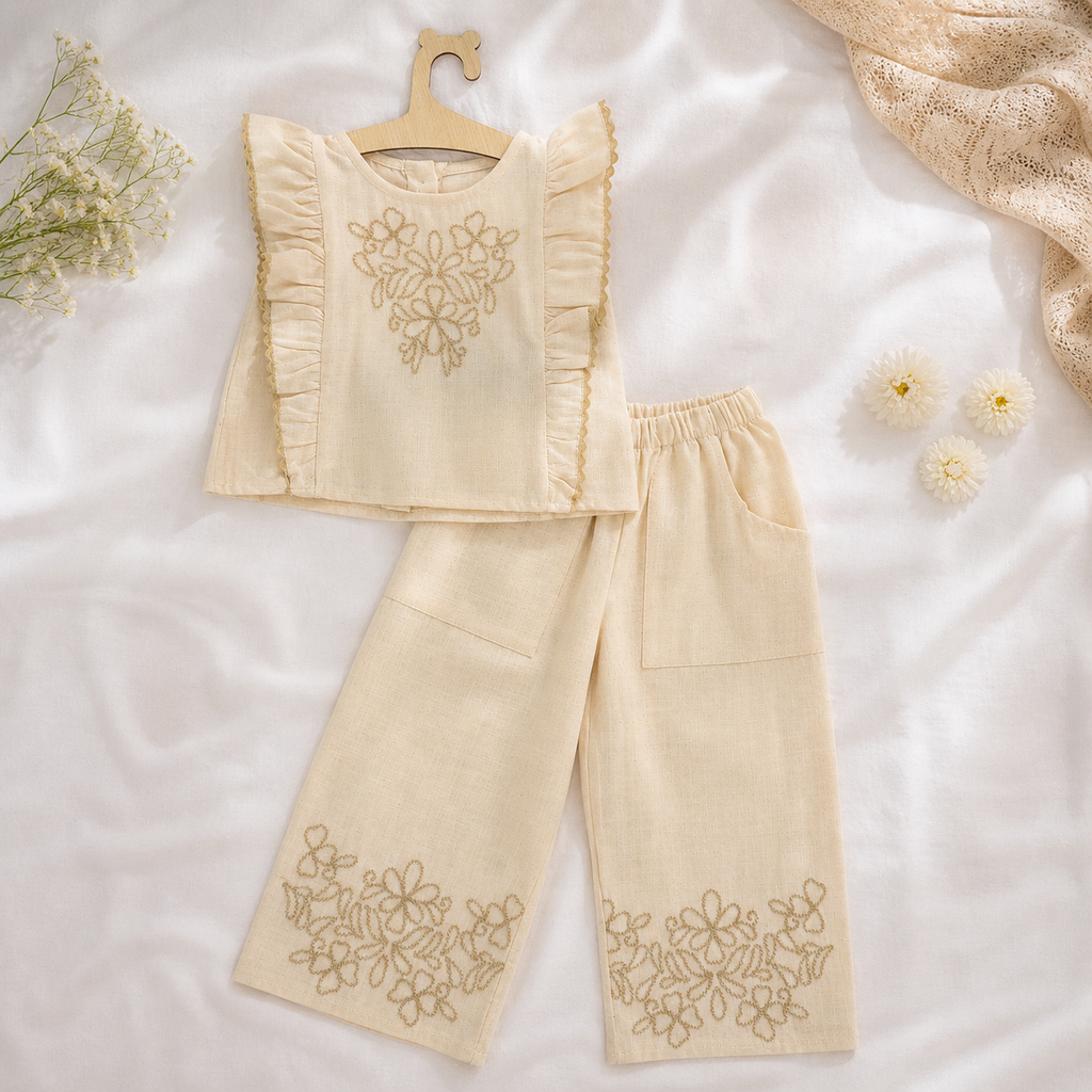 Ensemble Bohème en Lin – Top à Volants &amp; Pantalon Large Brodé
