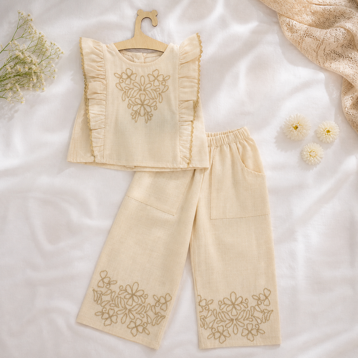 Ensemble Bohème en Lin – Top à Volants &amp; Pantalon Large Brodé