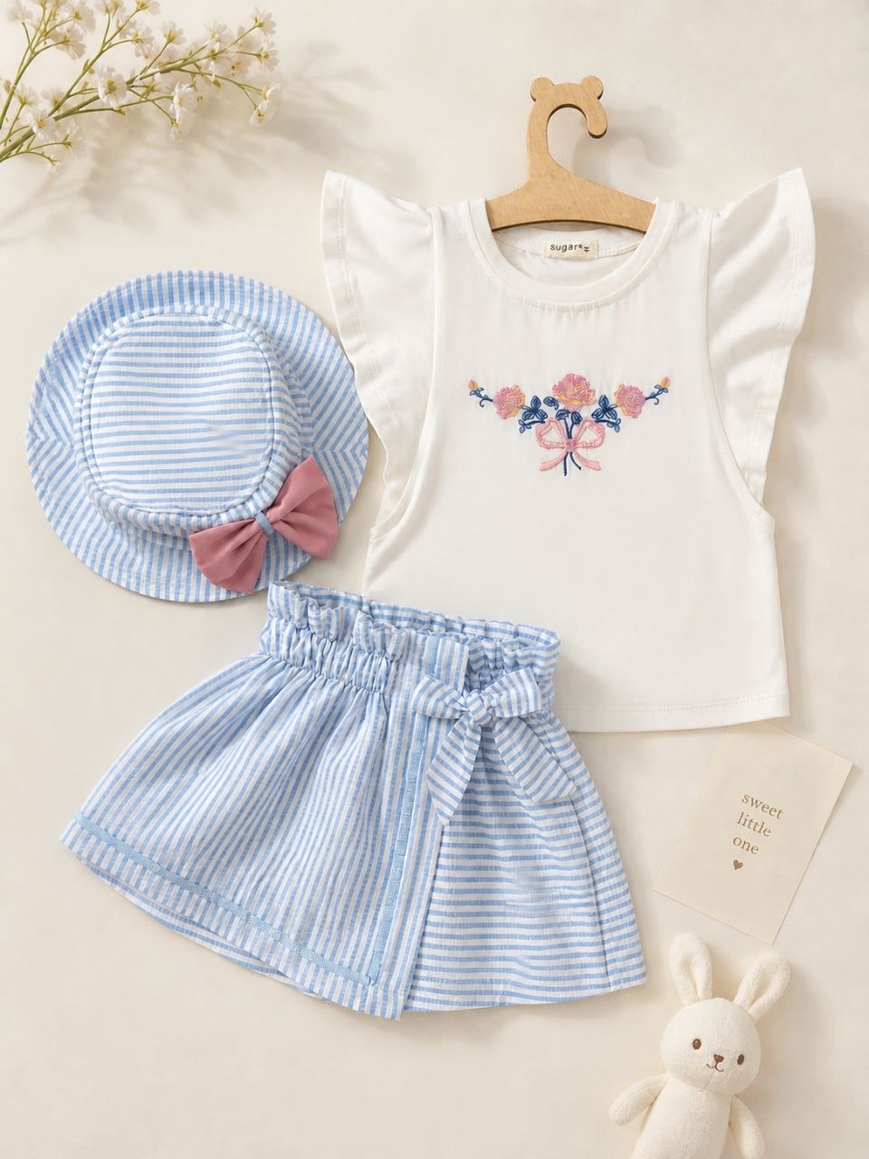 Ensemble Printanier 3 Pièces – Top, Jupe-Cullote & Chapeau Assorti