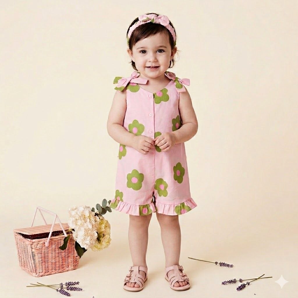 "Pâquerette" Combi-short Fleuri à Nœuds