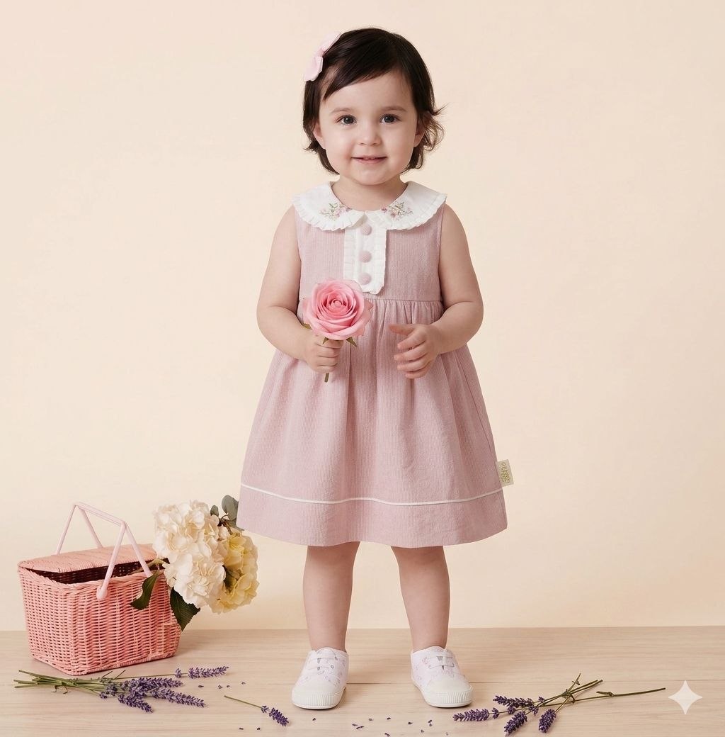 "Douceur" Robe en lin rose avec col brodé