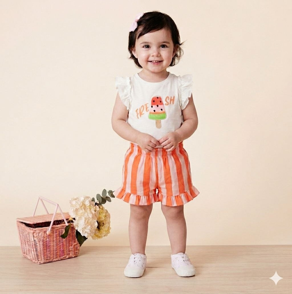 "Sorbet Frais" Ensemble d'été T-shirt volanté et short rayé