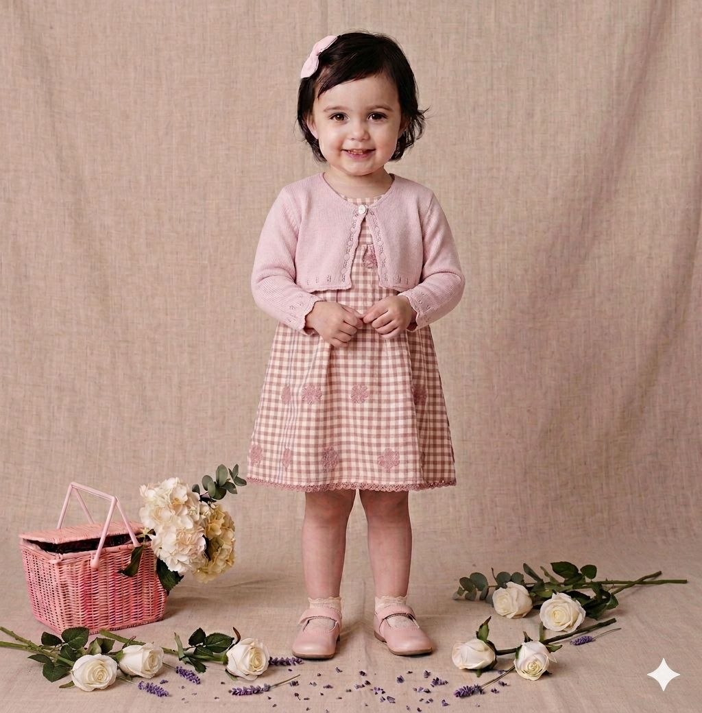"Mademoiselle"Ensemble robe vichy et son boléro en maille rose