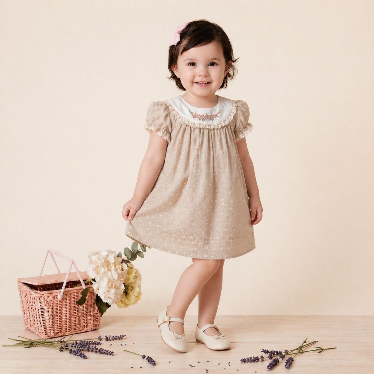 "Romantique" Robe en lin beige avec col brodé et plumetis