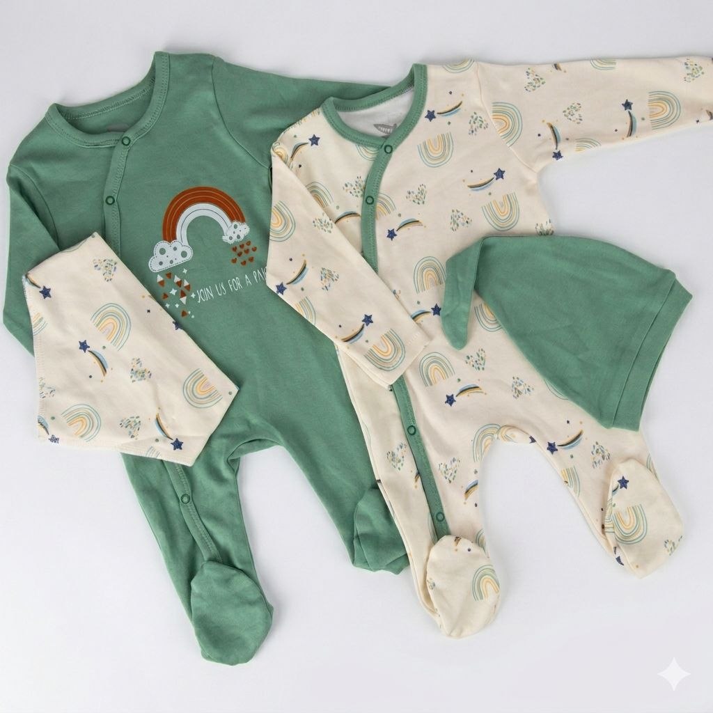 "Pack Duo Arc-en-ciel" Ensemble de deux grenouillères avec bonnet et bavoir assortis