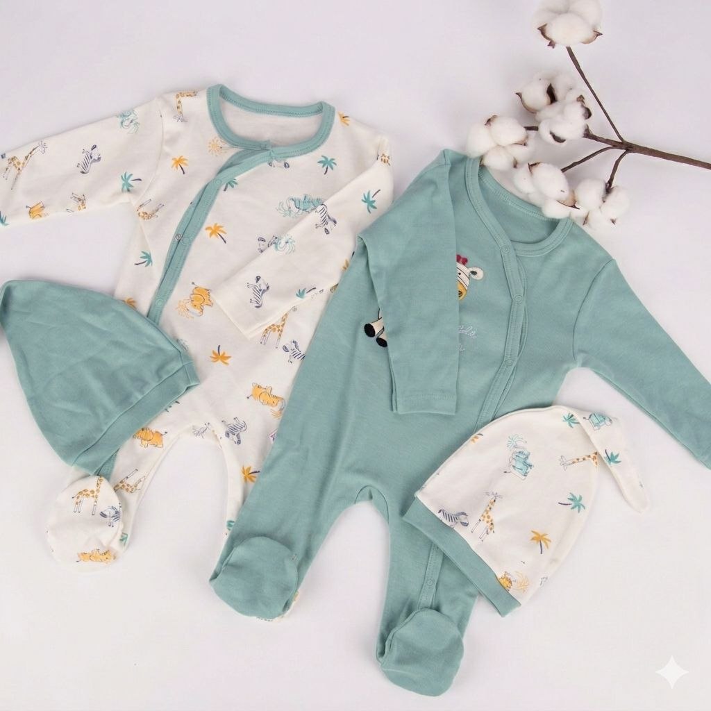 "Pack Duo Jungle"  Deux Grenouillères Croisées avec Bonnets Assortis