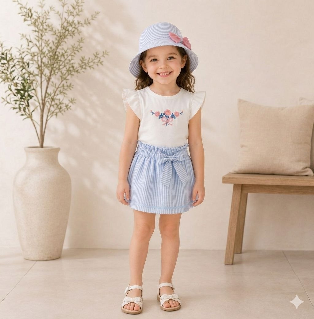 Ensemble Printanier 3 Pièces – Top, Jupe-Cullote & Chapeau Assorti