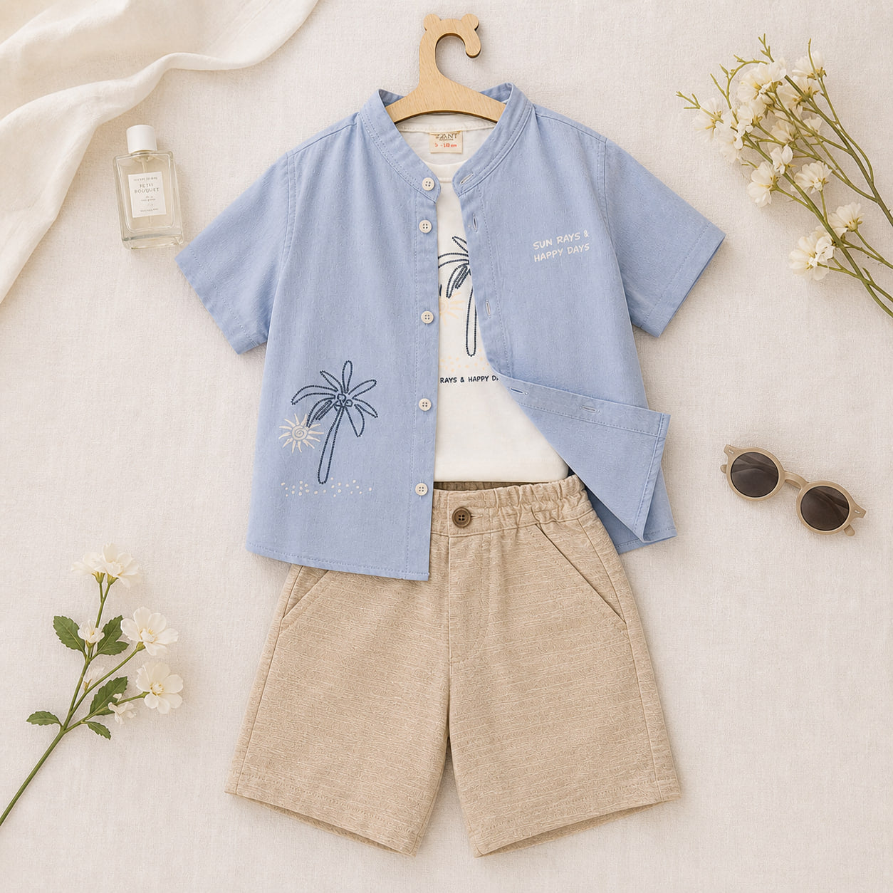 Ensemble d'Été 3 Pièces « Sun Rays » – Chemise, T-shirt &amp; Short
