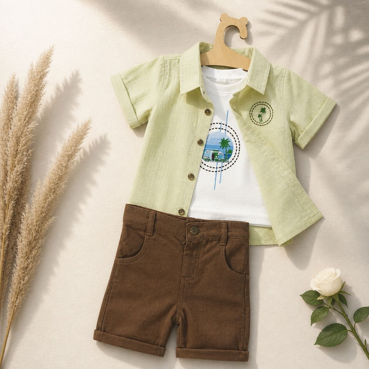 "Tropical Adventure" Ensemble d’Été 3 Pièces, Chemise, T-shirt & Short