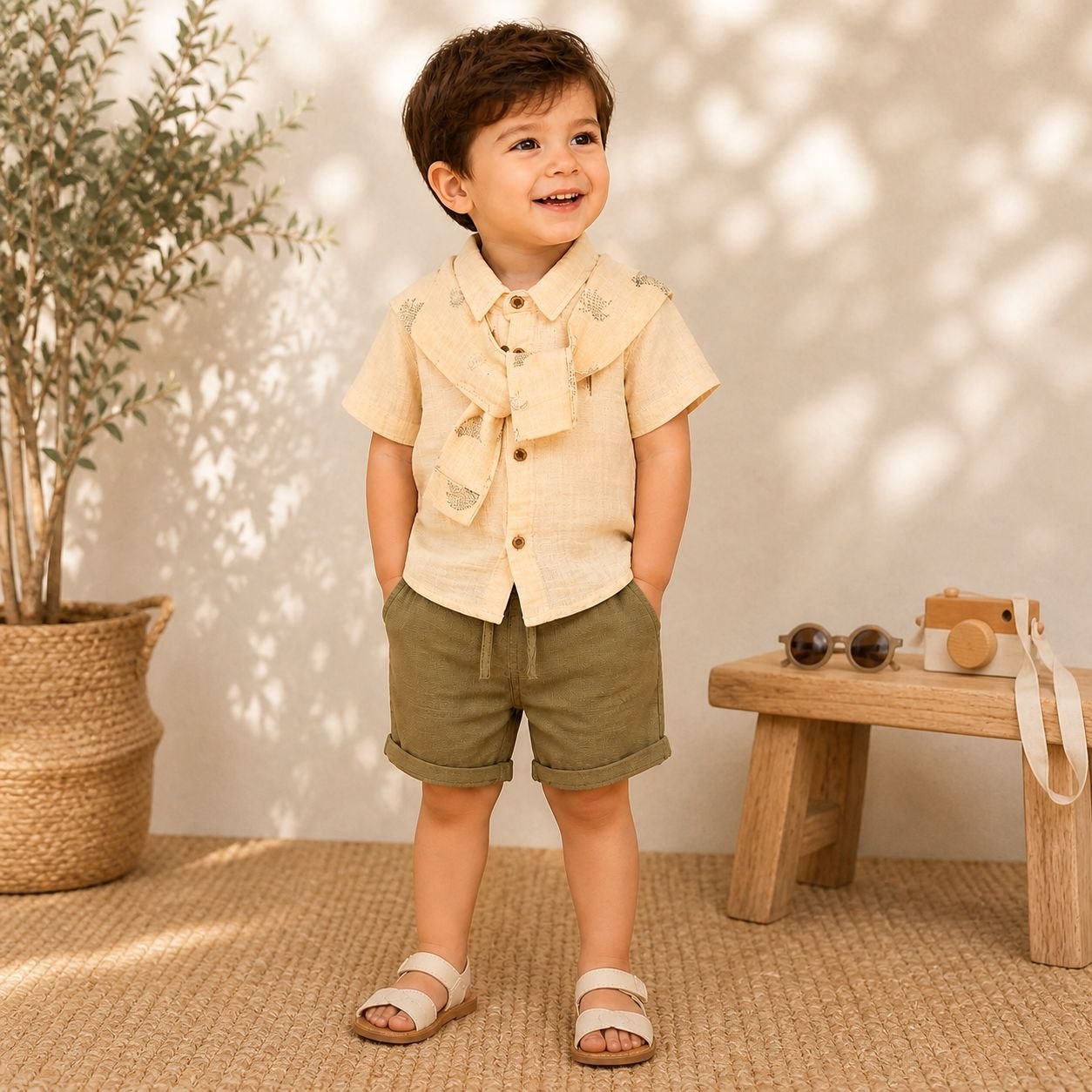 Ensemble Duo Explorateur  Chemise en Gaufre & Short Vert Olive