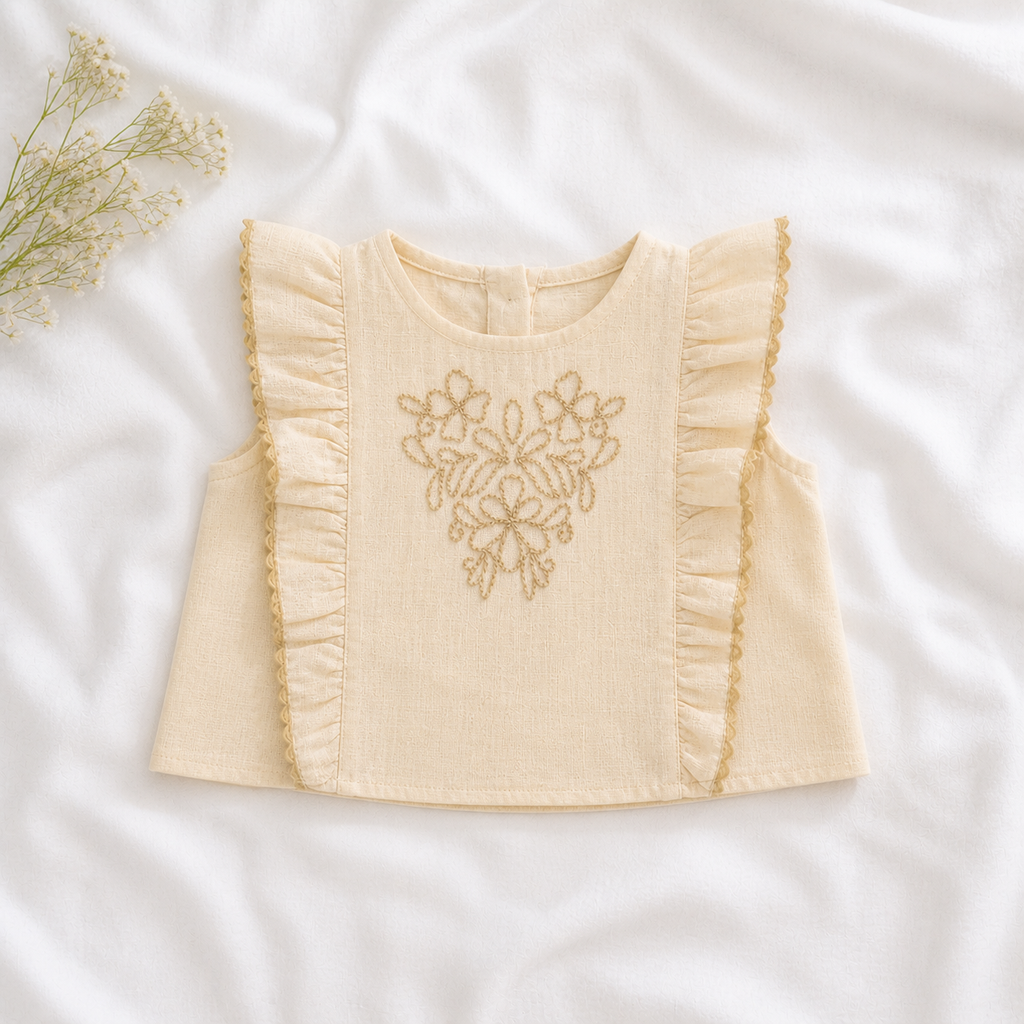 Ensemble Bohème en Lin – Top à Volants &amp; Pantalon Large Brodé