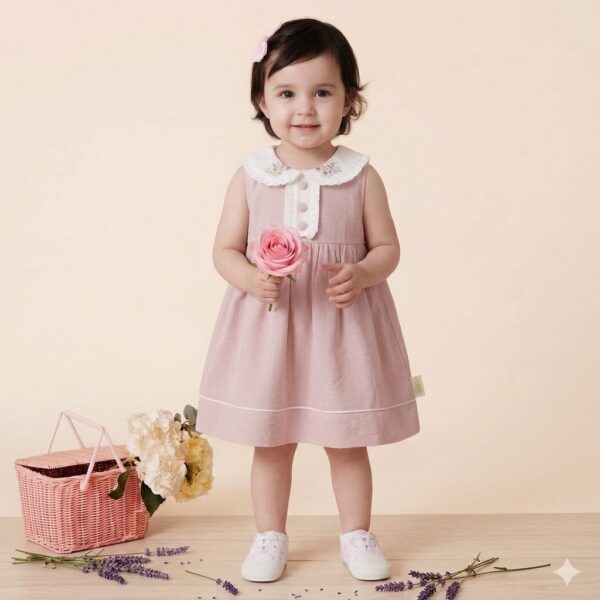"Douceur" Robe en lin rose avec col brodé