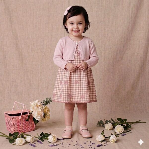 "Mademoiselle"Ensemble robe vichy et son boléro en maille rose