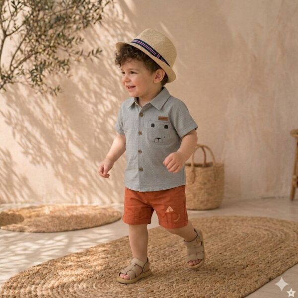 "Safari Chic" Ensemble chemise grise et short terracotta