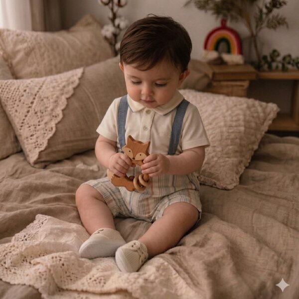 "Gentleman d’Été" Ensemble polo crème et short à bretelles rayé
