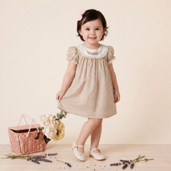 "Romantique" Robe en lin beige avec col brodé et plumetis