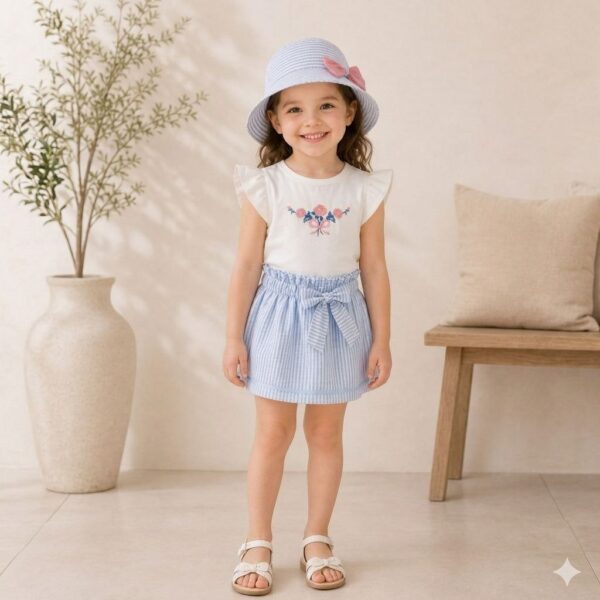 Ensemble Printanier 3 Pièces – Top, Jupe-Cullote & Chapeau Assorti